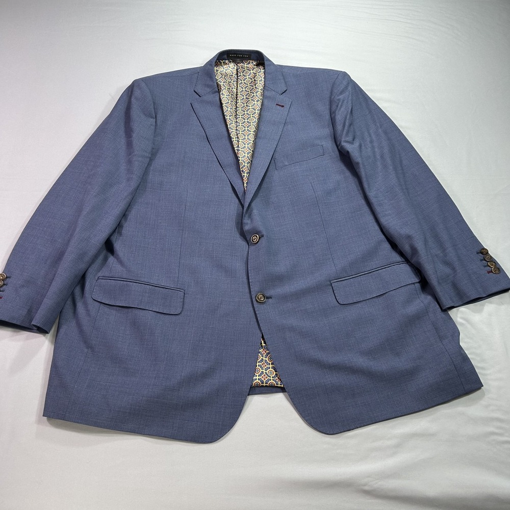 Indochino Blazer Mens 56 Blue Wool Two Button Suit Jacket‎ Patterned Lining